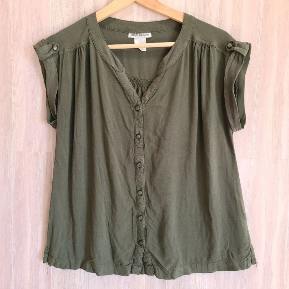 Rebecca Malone Blouse Womens Small Olive Green Rayon Button Front Top V-Neck S